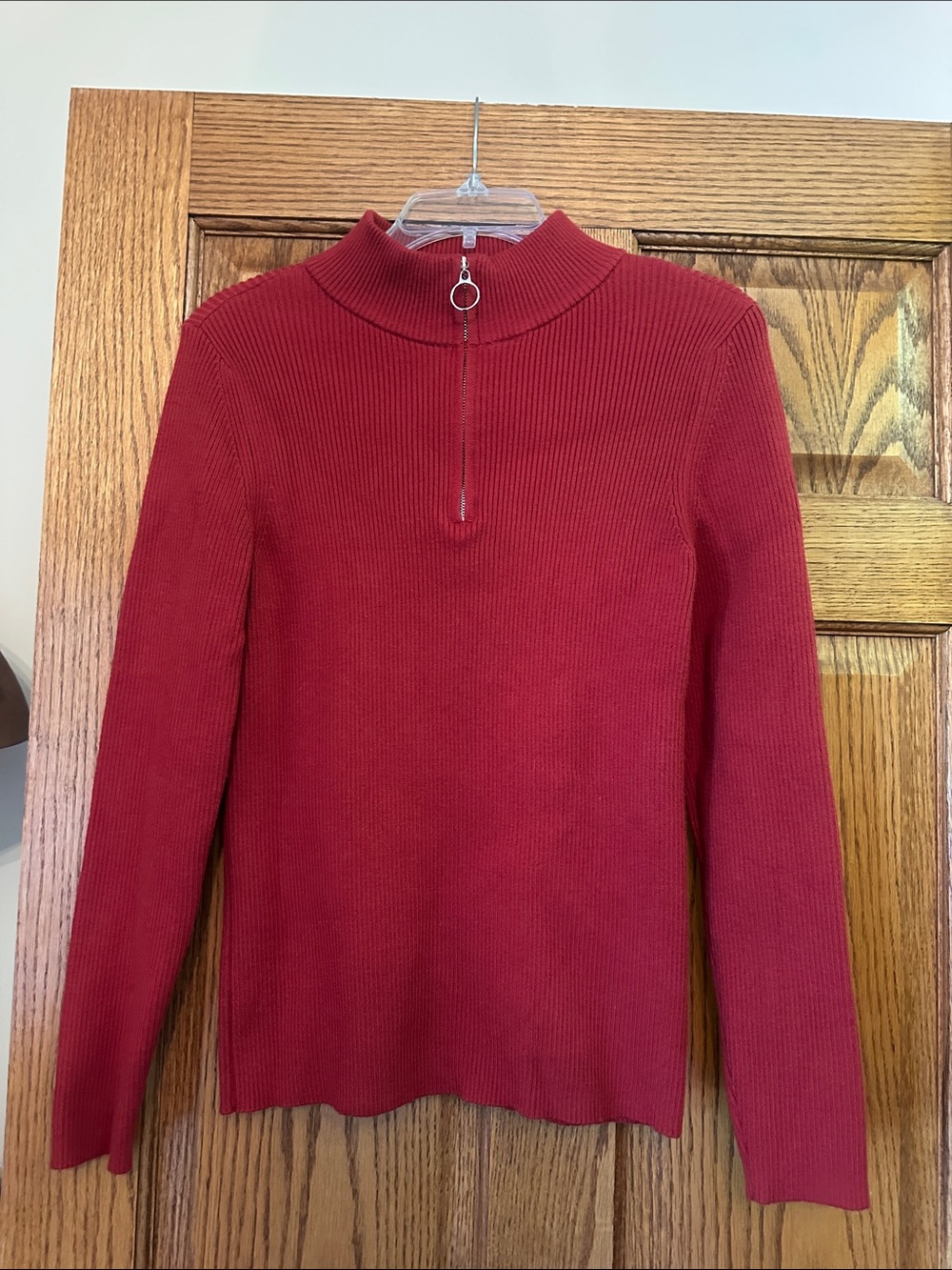 Red Ribbed Half-Zip Mock Neck Sweater